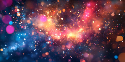 Fototapeta premium Colorful fireworks burst in night sky, creating vibrant display of light and color. scene is filled with sparkling particles and bokeh effects, evoking sense of celebration and joy