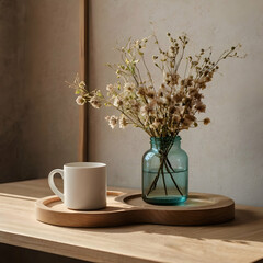 Elegant Calendula Plant in White Stone Pot on Wooden Shelf in Modern Living Room

