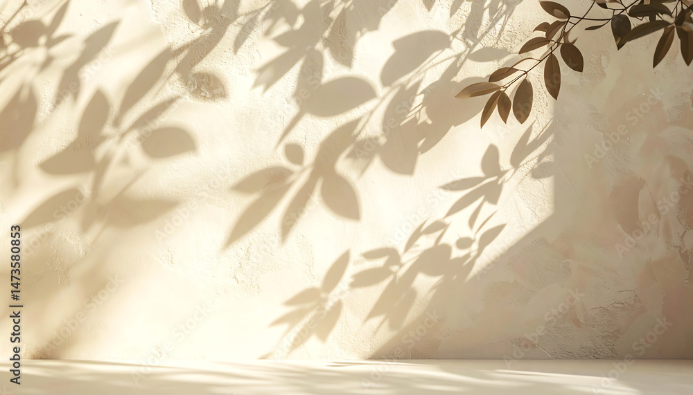 Poster soft shadows of leaves dance across a textured wall, creating a serene and calming atmosphere in a m