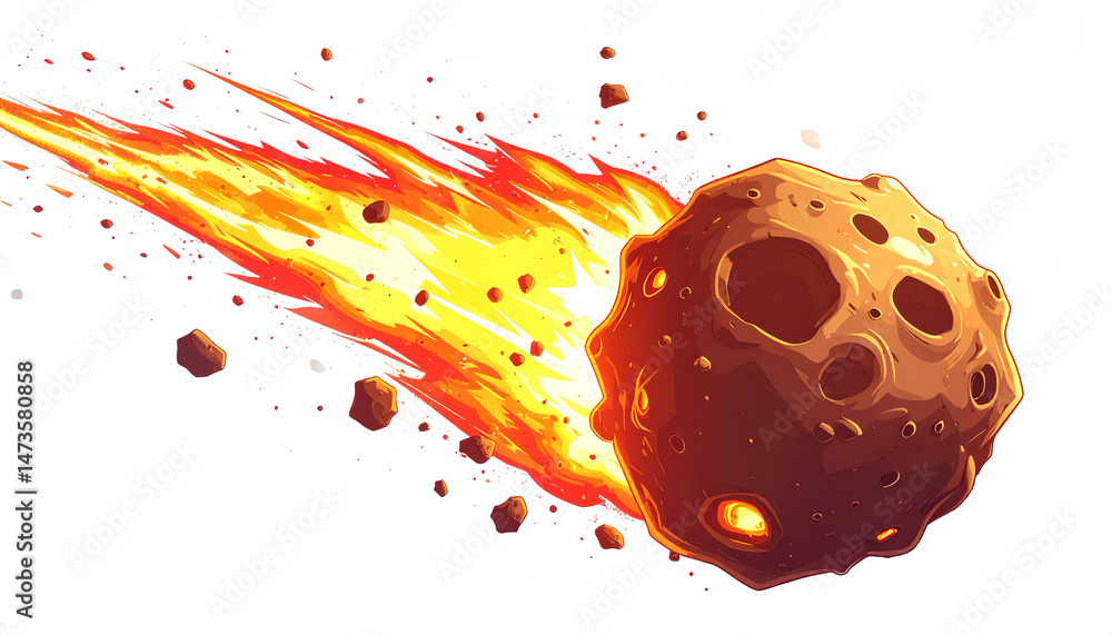 Poster a fiery asteroid streaks through space, surrounded by smaller rocks, depicting a dynamic and explosi