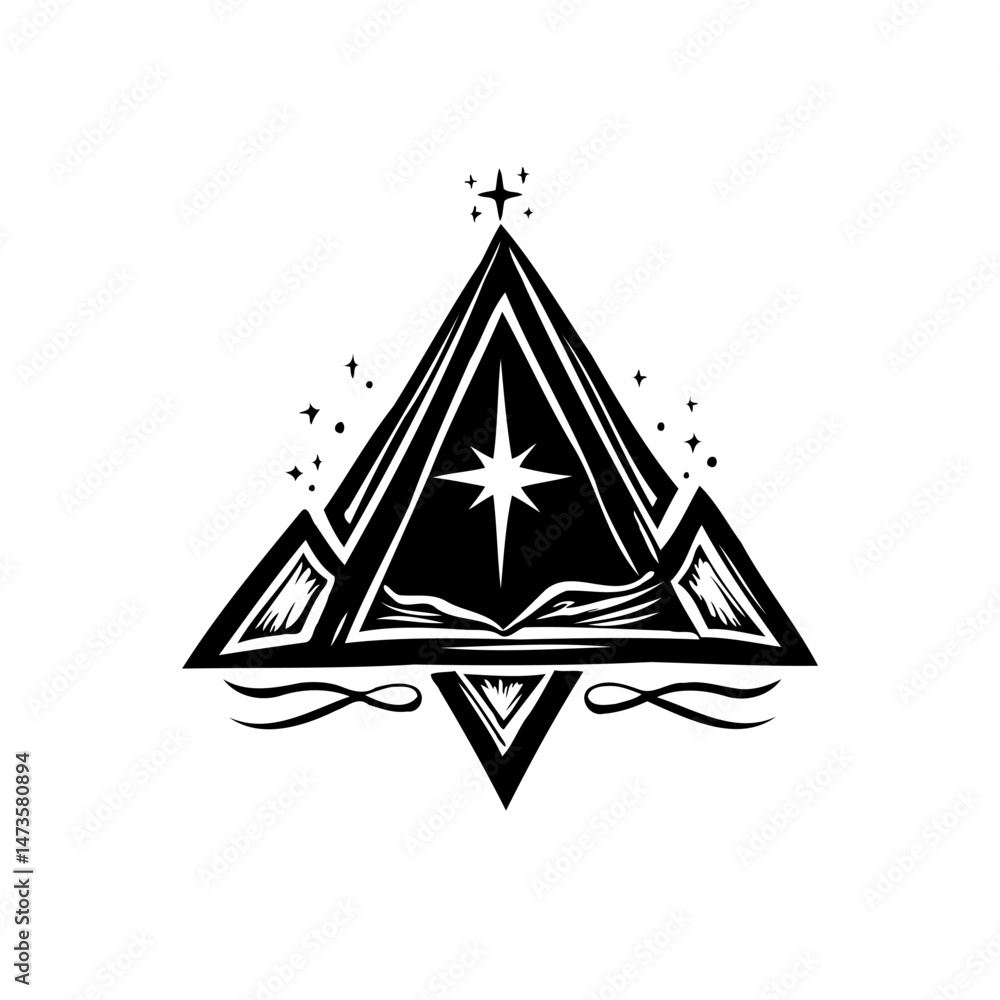 Poster abstract symbolic art with geometric triangular figures featuring star and open book