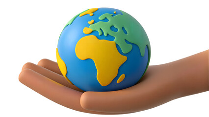 A 3D cartoon hand gently cradles a miniature Earth globe, symbolizing environmental care and global responsibility.