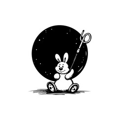 Whimsical rabbit adventurer under a starlit night sky in monochrome drawing