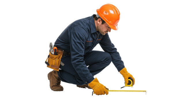 Construction Worker Measuring, Isolated on Transparent PNG Background