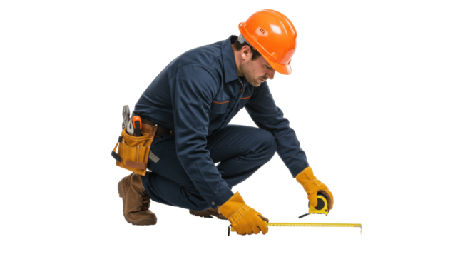 Construction Worker Measuring, Isolated on Transparent PNG Background