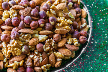 Mix of nuts as a background. Top view. 