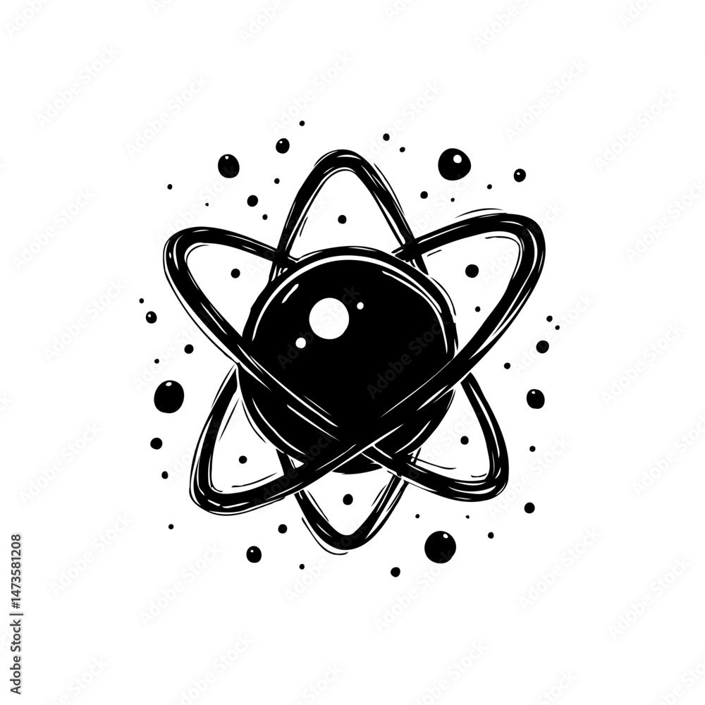 Poster abstract depiction of atomic structure with orbital paths in black and white