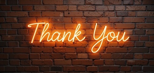 Glowing Neon Sign Thank You Message on Brick Wall Background, Warm Lighting, Appreciation, Gratitude