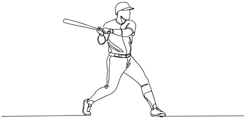 One line art of baseball player swinging bat in a dynamic pose. vector illustration