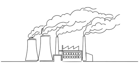 One line art of a factory with smoke billowing from its tall chimneys, air pollution Concept. vector illustration