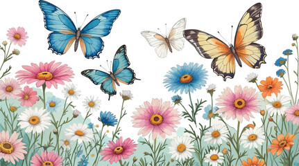 Seamless floral pattern with summer beauty of butterflies and pink flowers on a vintage textured leaf design