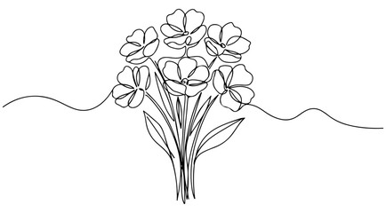 One line art of bouquet of beautiful flowers with stems and leaves. vector illustration