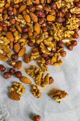 Mix of nuts as a background. Top view. 