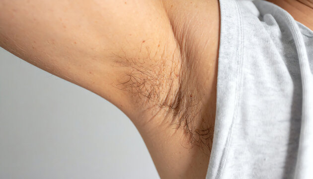 Close-up view of an armpit with visible hair, highlighting personal grooming choices and body positivity