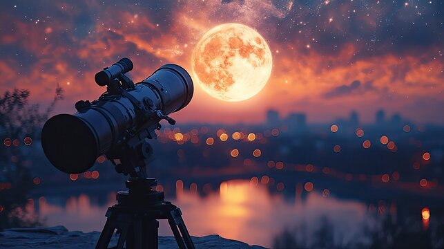 A powerful telescope pointed towards the night sky, focused on the distant moon and countless twinkling stars, inviting exploration of the universe