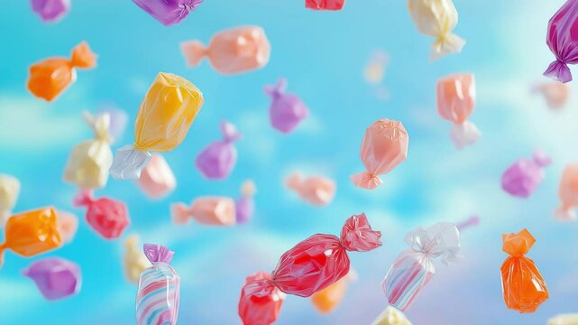 Assorted candy wrapped in colorful foil falling on pastel background	