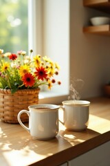 Fototapeta premium Warm morning sunlight illuminates a kitchen counter, two steaming mugs of tea, and a vibrant bouquet of flowers in a woven basket.