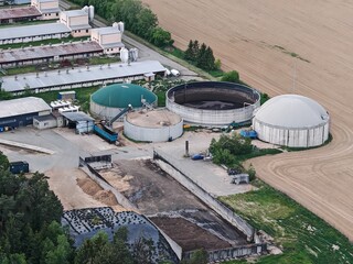 biogas production, biogas plants, bioenergy,aerial panorama landscape view of bio gas production...
