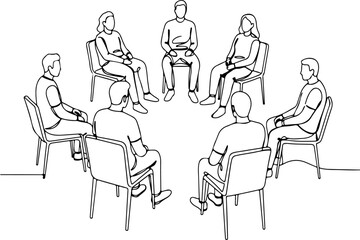 Seven people are sitting around circle with engaged in a group discussion about mental health, line art style. vector illustration