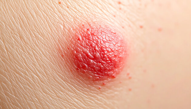A close-up view of inflamed skin showing a red, raised bump with a textured surface, indicating a possible skin condition or irritation