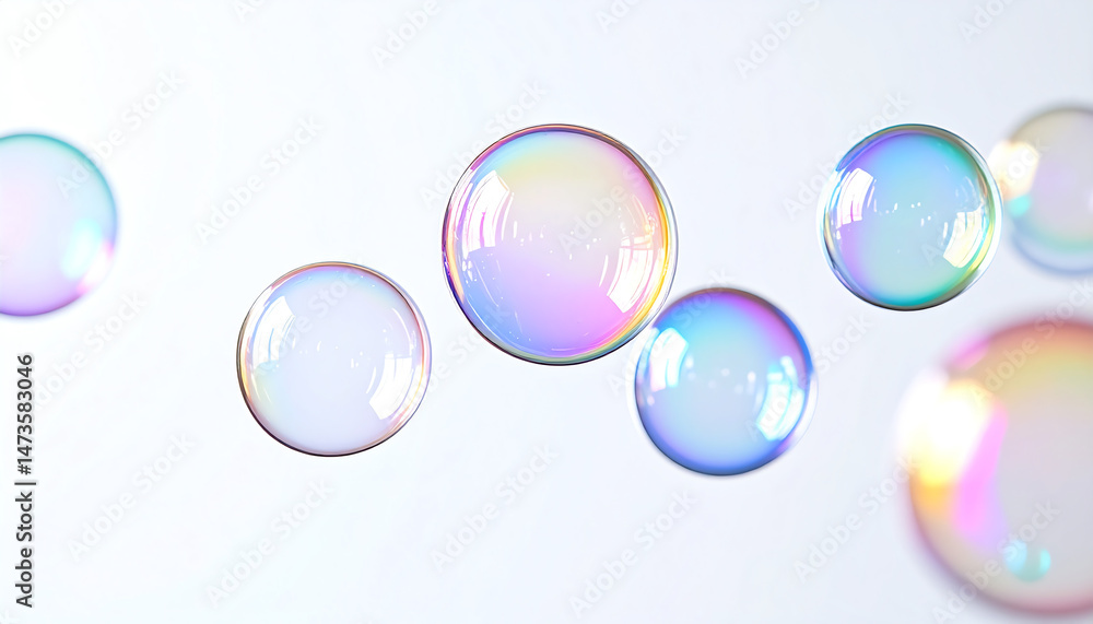 Poster floating soap bubbles create a mesmerizing display of colors against a soft background, evoking a se