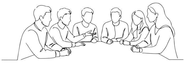 Six people are seated around a table, talking and sharing ideas in a discussion, line art style. vector illustration