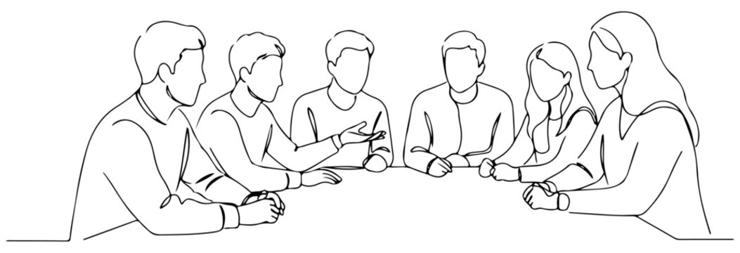 Six people are seated around a table, talking and sharing ideas in a discussion, line art style. vector illustration