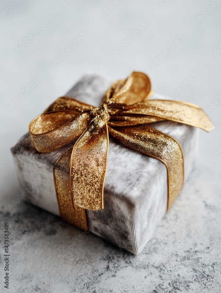 Poster elegant present wrapped in soft velvet with shimmering gold foil displayed in a bright space perfect