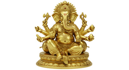 Golden Multi-Armed hindu god Ganesha Statue Isolated on Transparent PNG Background