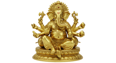 Golden Multi-Armed hindu god Ganesha Statue Isolated on Transparent PNG Background
