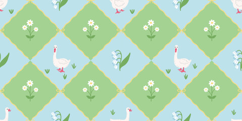 Seamless floral lattice pattern with bows and cute geese. Hand-drawn spring and summer flowers. Fashionable print with cute geese and bows. Design for children s clothes, fabric, wallpaper or wrapping © Kapalakus