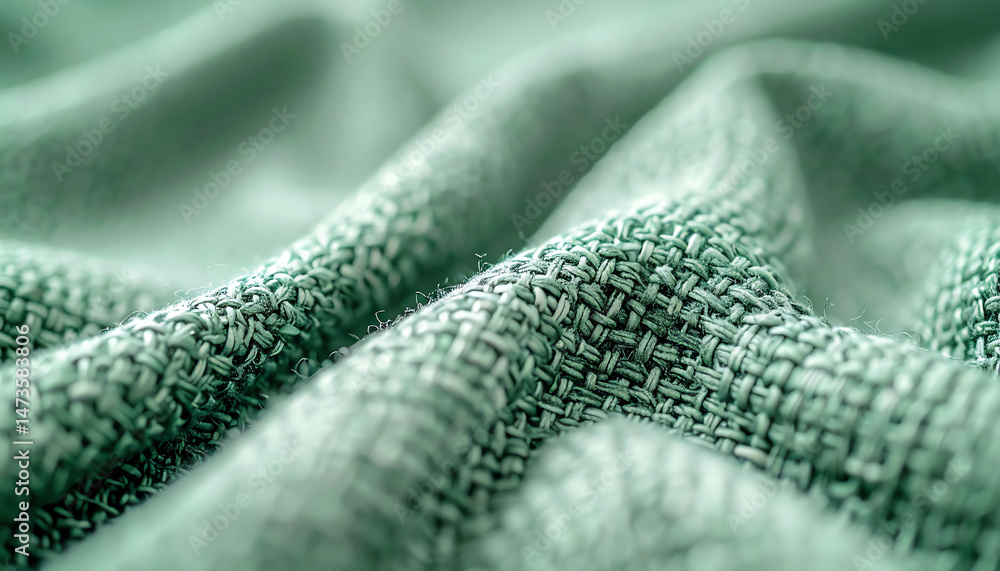 Poster a close-up view of textured fabric, showcasing intricate weaving patterns and a soothing green hue