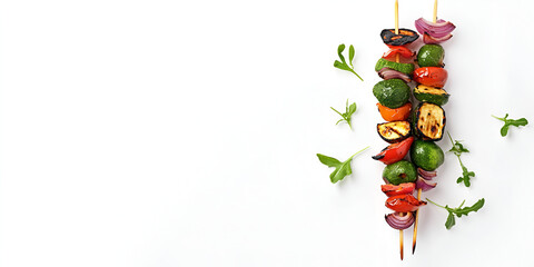 Grilled Vegetable Skewers with Herbs and Spices on White Background

