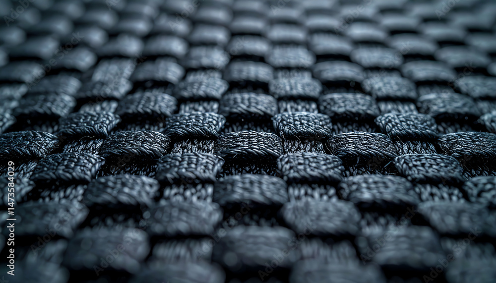 Poster a close-up view of a textured black woven fabric, showcasing intricate patterns and depth, highlight