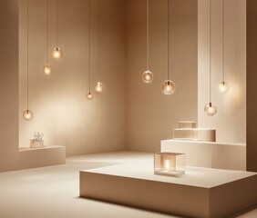Ambient lighting display featuring glass sphere pendants and cube light fixtures in a minimalist setting