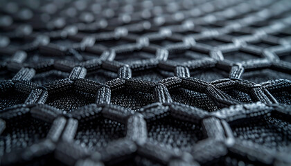 Fototapeta premium Close-up view of a textured, black mesh material, showcasing a geometric pattern that emphasizes its intricate design and craftsmanship