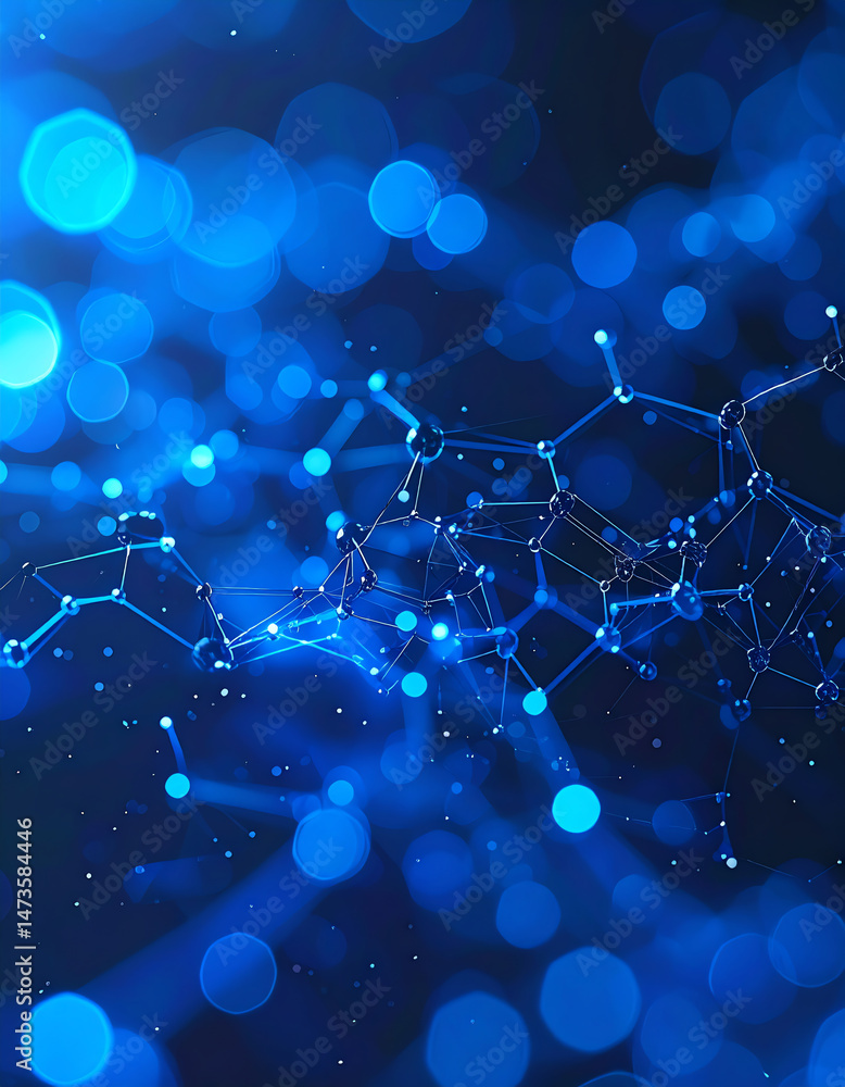 Poster abstract blue background featuring illuminated particles and a network of interconnected lines, evok