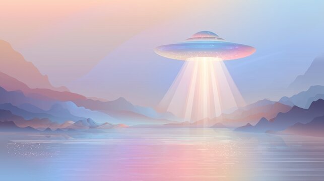 Floating UFO emitting light beams over abstract landscape, minimal vector style, extraterrestrial theme