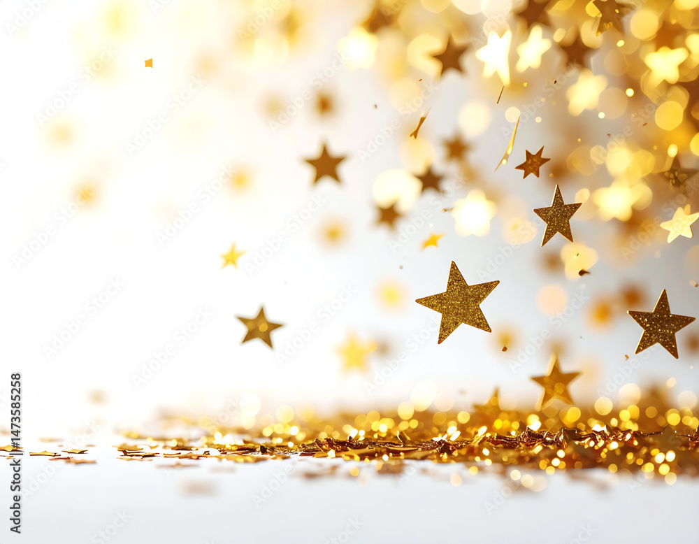 Poster golden stars and sparkles cascade against a soft background, creating a festive and enchanting atmos