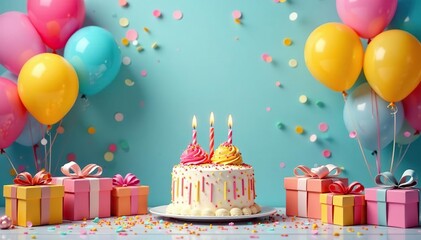 Birthday party decorations, colorful balloons, cake, gifts, confetti , light, shiny, background image