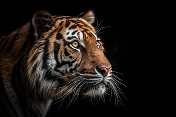 Intense Tiger Face Close-Up – Dramatic Wildlife Portrait in Dark Background