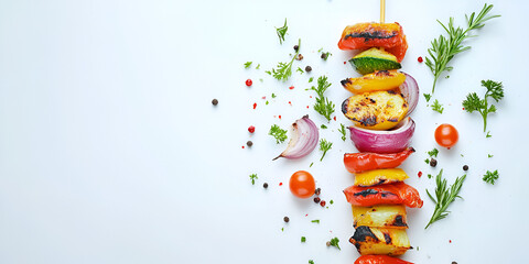 Grilled Vegetable Skewers with Herbs and Spices on White Background

