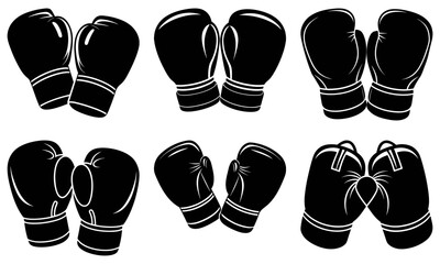 Illustration showing six pairs of black boxing gloves arranged in a scattered format on white background