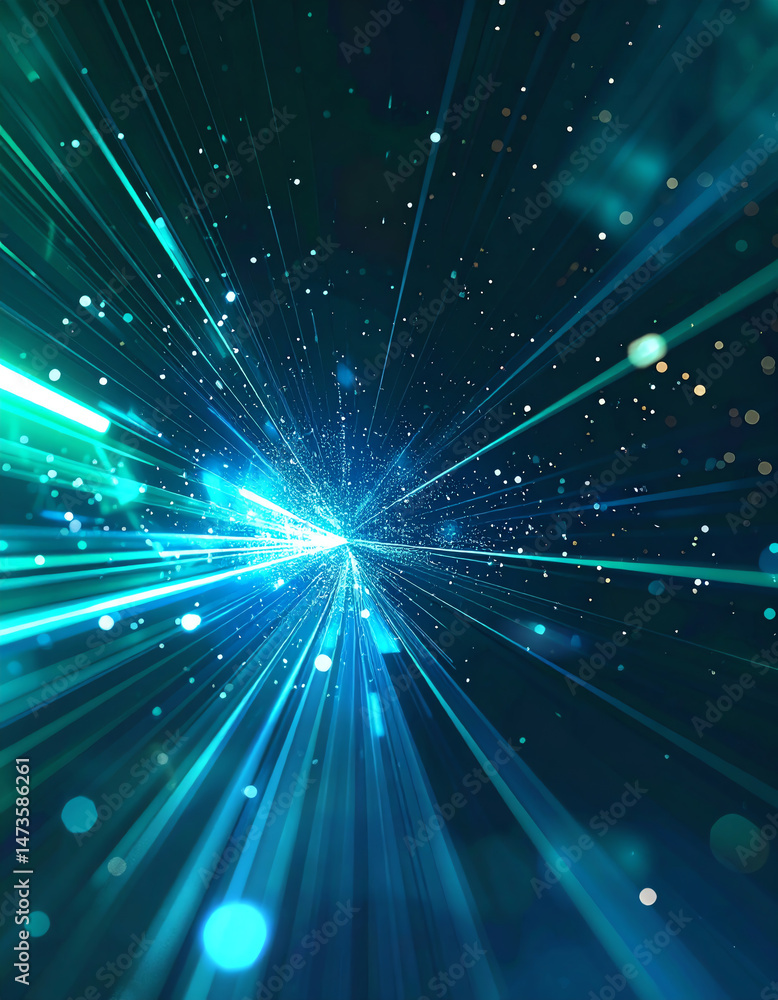 Poster a dynamic burst of light rays and particles, creating an ethereal and vibrant visual effect in a dar