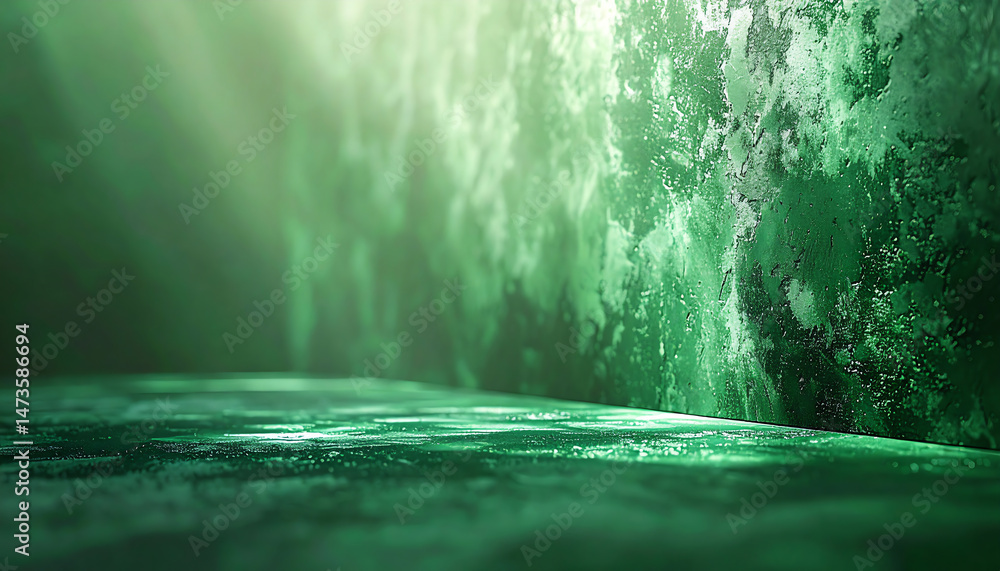 Poster a serene, green abstract background with a textured wall and reflective surface, creating a calming 