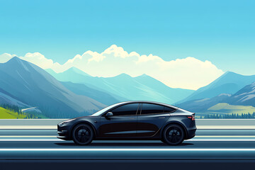 Naklejka premium Sleek electric car cruising along a scenic mountain road under a clear blue sky