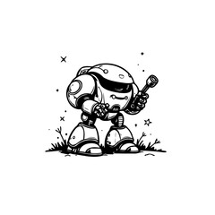 Monochrome illustration of a robotic character in an outdoor setting on a white canvas