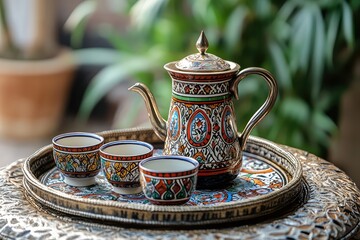 Arabic coffee pot and cups on a decorative tray