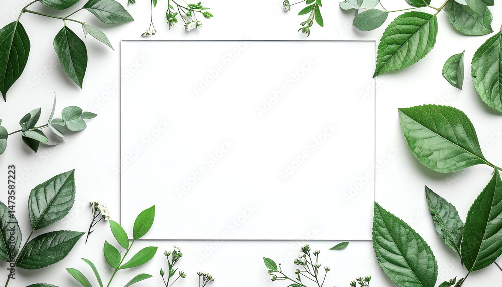Poster a clean, minimalist layout featuring various green leaves and delicate flowers surrounding a blank s