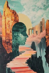Surreal landscape with profile silhouette and abstract elements